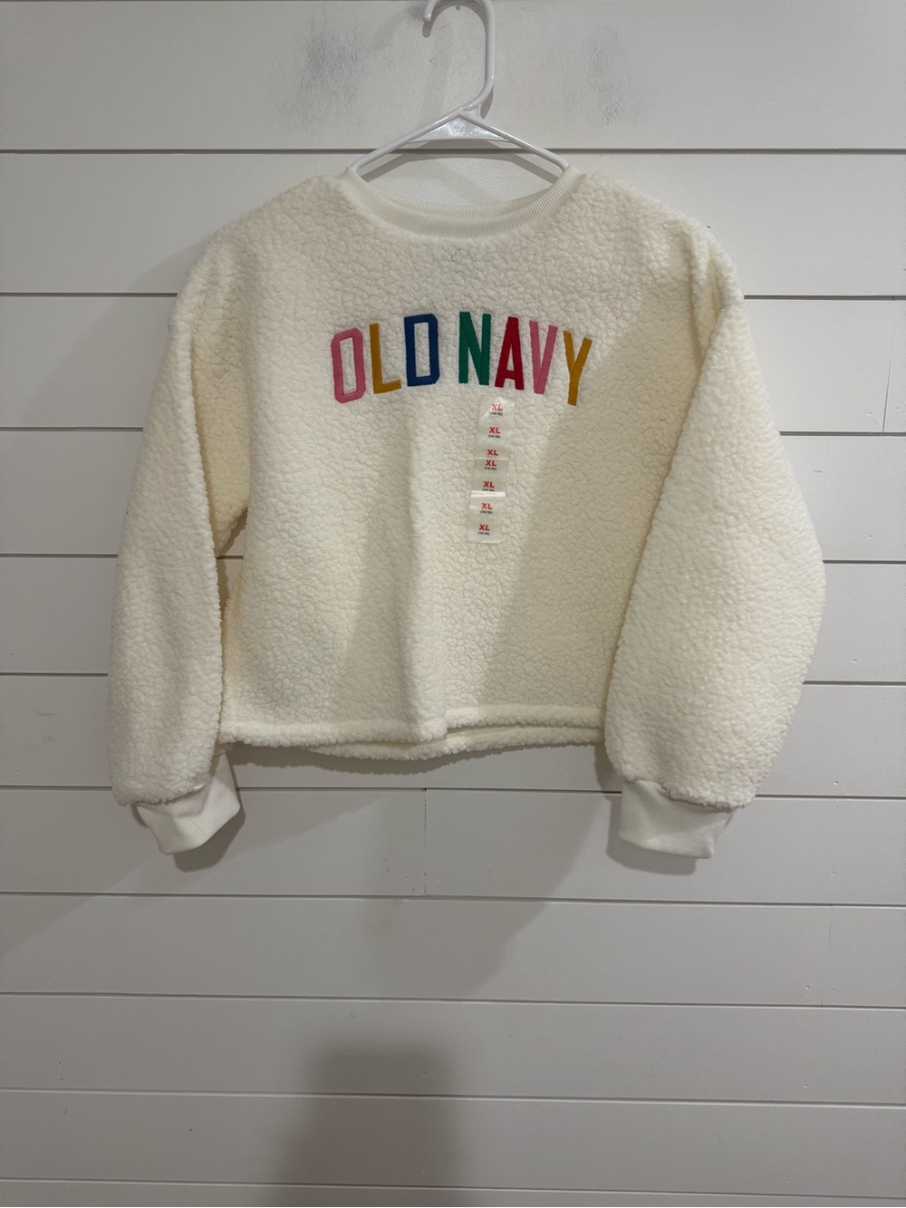 Old Navy Cream Sherpa Crewneck with Multicolor 'OLD NAVY' Embroidery